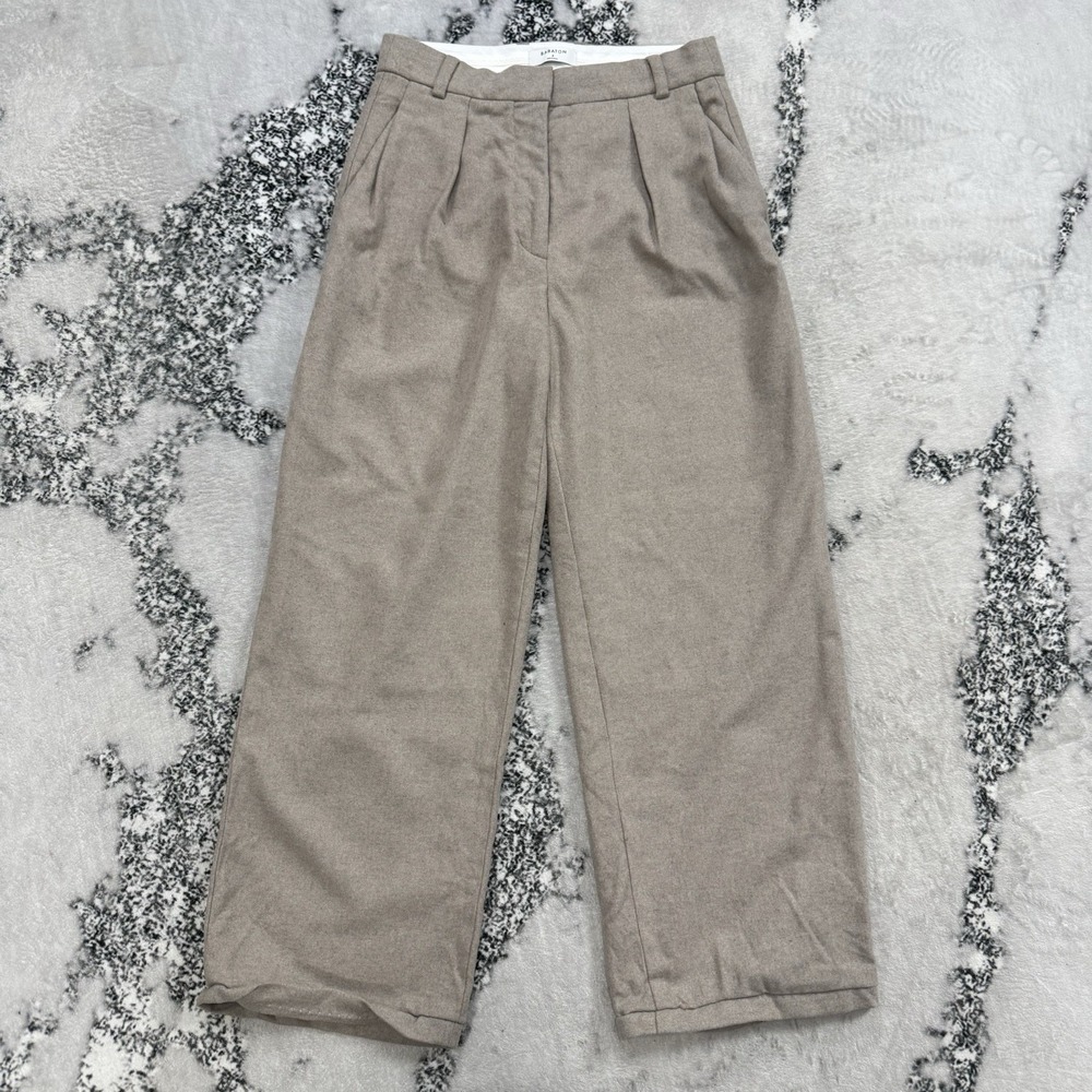 Babaton Aritzia Wool Blend Pants Womens Size 4 Beige Pleated Wide Leg Trousers